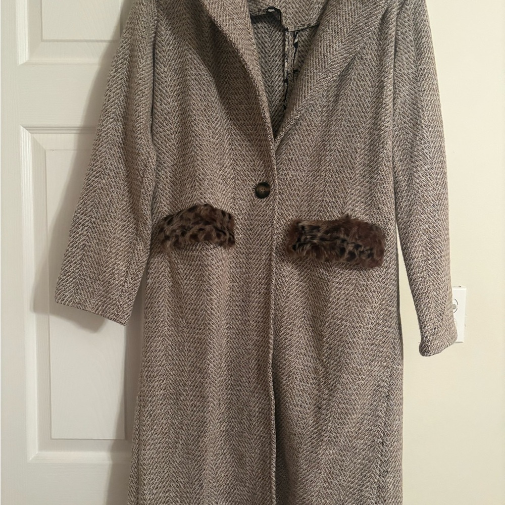 Mystree Herringbone Coat with Faux Fur Pockets - Gray and Brown